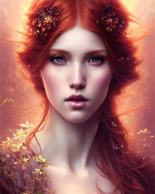 Prompt: Beauty beautiful sexy ethereal ginger portrait, art nouveau, fantasy, intricate flower designs, elegant, highly detailed, sharp focus, art by Artgerm and Greg Rutkowski and WLOP