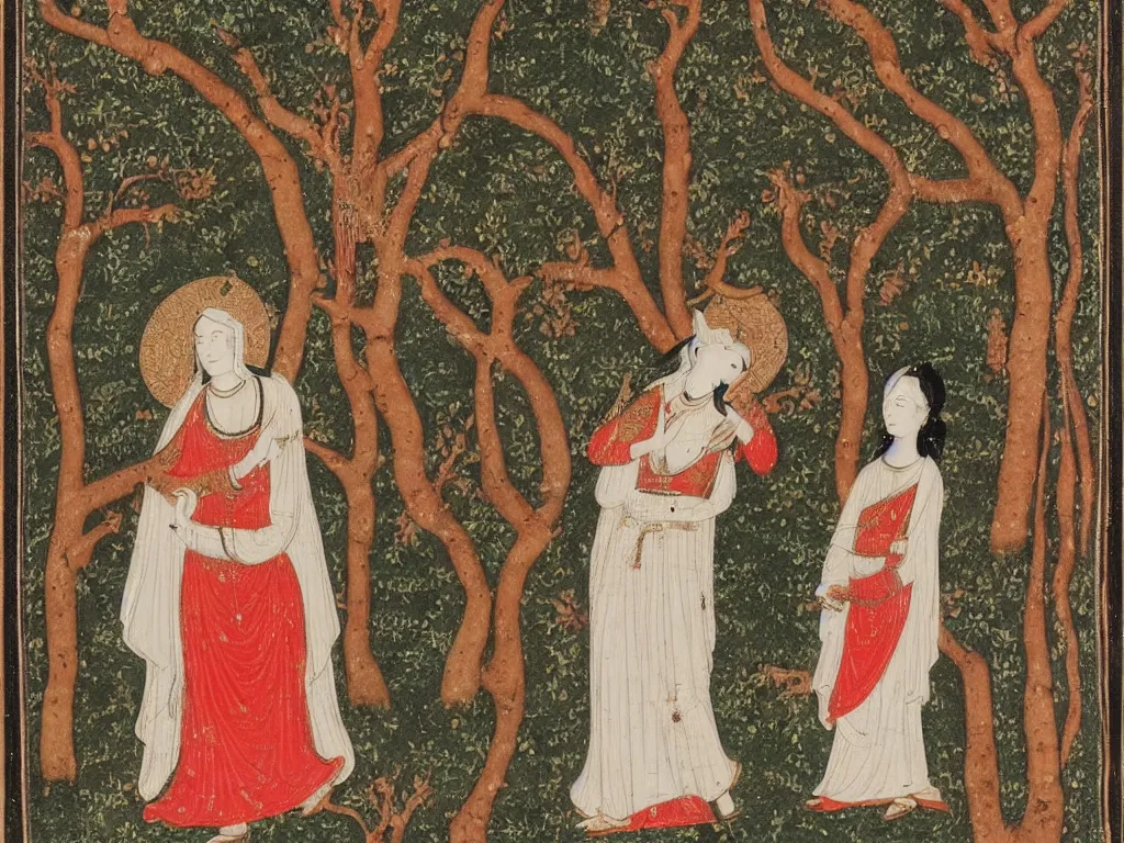 Prompt: Portrait of a young mystic dressed in white meeting the red Godess, thunderstorm, forest. Clear, high contrast Mughal Tantric miniature.