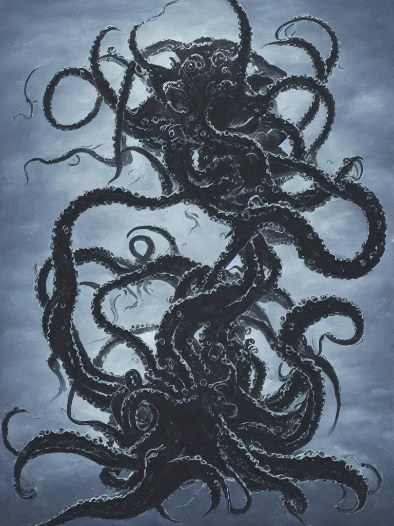 Image similar to minimalist painting of a kraken hidden in the depths of the ocean, detailed, dark, ominous