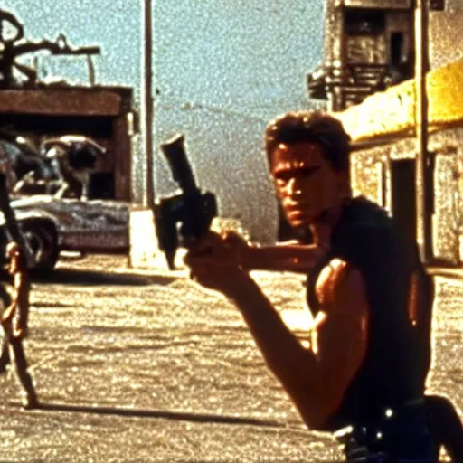 Prompt: film still of the terminator at a favela, shooting scene, blurry