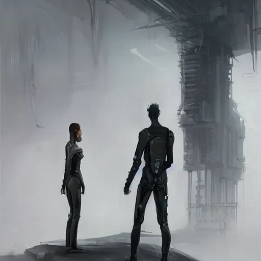 Image similar to concept art by greg rutkowski, a very tall and slender cyborg, talking to a short woman dressed in a utilitarian black and white jumpsuit, high tech and futuristic white walled environment, unnatural lighting, uncanny atmosphere, frightening and creepy atmosphere, scifi, highly detailed portrait, digital painting, artstation, concept art, smooth, sharp foccus ilustration, artstation hq