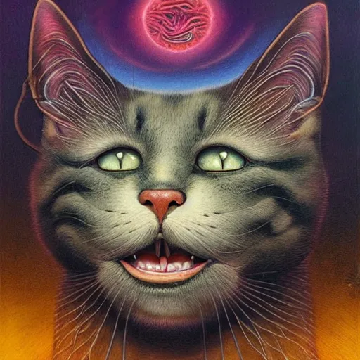 Image similar to a cat having an ego trip, by alex grey, by Esao Andrews and Karol Bak and Zdzislaw Beksinski and Zdzisław Beksiński, trending on ArtStation