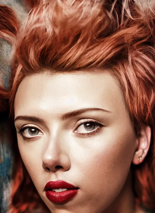 Image similar to portrait of scarlet johansson wearing a red t shirt and short jeans, by charlotte grimm, natural light, detailed face, beautiful features, symmetrical, canon eos c 3 0 0, ƒ 1. 8, 3 5 mm, 8 k, medium - format print, half body shot