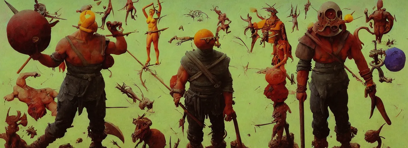 Image similar to full - body portrait surreal colorful clay fighting artstation rpg barbarian character concept art anatomy, action pose, very coherent and colorful high contrast masterpiece by norman rockwell franz sedlacek hieronymus bosch dean ellis simon stalenhag rene magritte gediminas pranckevicius, dark shadows, sunny day, hard lighting, reference sheet white! background