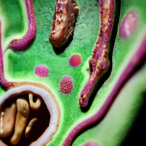 Image similar to psychedelic mushroom made from human skin and teeth on display 50mm shallow dof