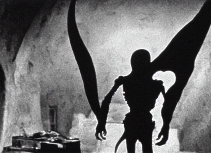 Image similar to Xenomorph in a still from the movie Nosferatu: A Symphony of Horror (1922), high quality