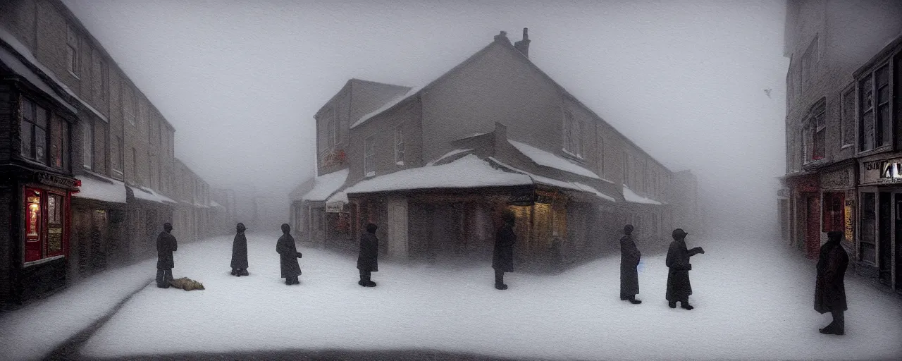 Prompt: a miniature diorama of street life in kirkwall orkney, by sarah moon and joel peter witkin, macro photography, grainy, snow, highly detailed, gloomy and foggy atmosphere, octane render, cinematic lighting tri - x, 8 k, hd