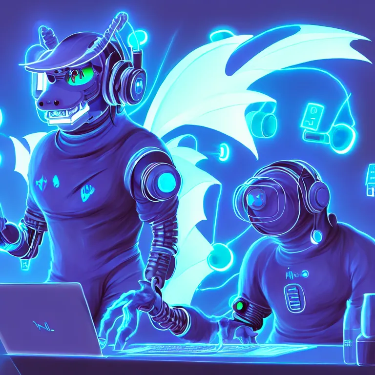 Image similar to an anthropomorphic male blue dragon fursona wearing a cybernetic suit, headphones on his head, laptop, cyberpunk, chubby, furry, soft colors, oil on canvas, digital art, soft lighting