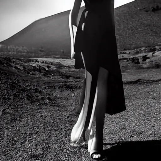 Image similar to close up of face of a fashion model in luxury dress, at etna vulcano in background, dramatic lighting, smoke, official dior editorial, highly detailed