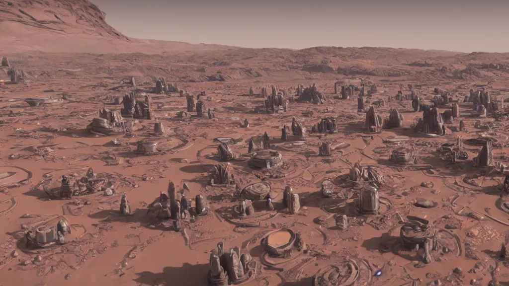 Prompt: an alien city on mars designed by Archigram, for a film by Ari Aster, unreal engine 5 render, highly detailed, warm colors, warm lighting, 35mm, 8k