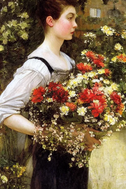 Image similar to Richard Schmid and caravaggio full length portrait painting of a young beautiful edwardian girl hold a large bouquet of flowers standing in a cottage garden