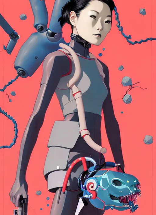 Prompt: Artwork by James Jean and Phil noto; a young Japanese future police lady named Yoshimi battles an evil natures carnivorous robot on the streets of Tokyo; Art work by Phil noto and James Jean