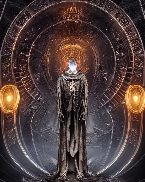 Image similar to a dark sci fi matte painting portrait of a a metallic skeleton priest surrounded by huge metal mandalas and ornate metal, art deco shapes, cinematic lighting, rim light smooth, dark sci fi, unreal engine, octane render, by blizzard studios, golden rule, subject in center of frame, fog volumes, vivid color glow, cgsociety