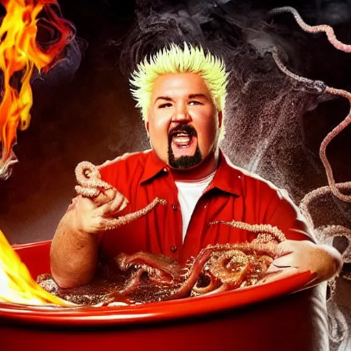 Image similar to guy fieri, turning into an eldritch horror with tentacles, bathing in a giant pan filled with boiling oil, film still from the movie directed by denis villeneuve with art direction by salvador dali