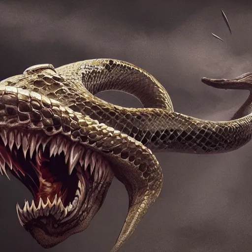 Image similar to Giant aggressive snake with a metallic skull as its head, 8k, detailed, concept art, trending on artstation