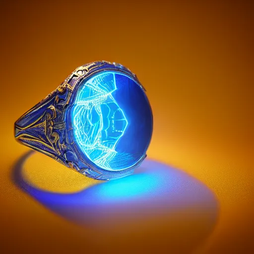 Image similar to a fantasy ring, blue glow, realistic reflections, intricate details, cinematic lighting, depth of field, octane render