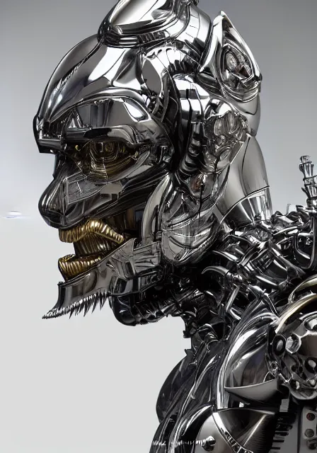 Image similar to potrait hyper detail portrait of a mechanical ape cyborg, silver, sci fi, full body, complex 3 d render, art by kazuhiko nakamura and hajime sorayama, 8 k octane detailed render, post - processing, dramatic studio lighting, extremely hyperdetailed, intricate futuristic mechanic parts, sharp focus, blender, masterpiece, trending on artstation