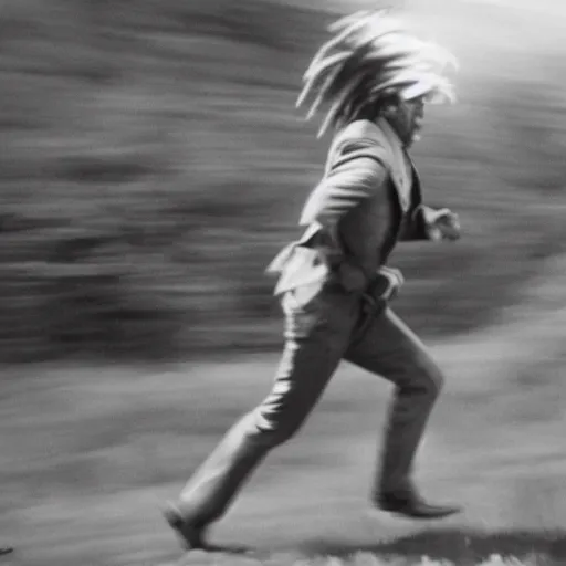 Prompt: Buffalo bill running uphill