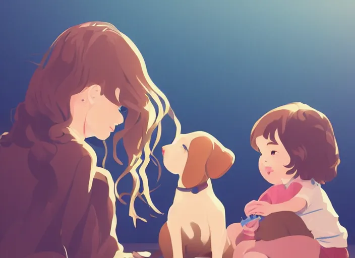 Image similar to a little girl with short wavy curly light brown hair is sitting next to a puppy. clean cel shaded vector art. shutterstock. behance hd by lois van baarle, artgerm, helen huang, by makoto shinkai and ilya kuvshinov, rossdraws, illustration, art by ilya kuvshinov