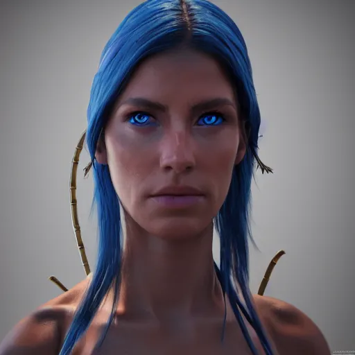 Prompt: character design, unreal engine 5, indigenous woman, empathetic aura, fantasy, shiny blue eyes, epic render, 8 k, ultra detail, photorealistic, high definition, cinematic lighting, lumina rendering