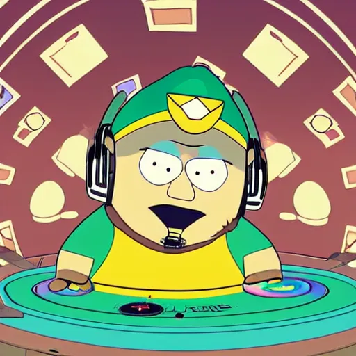 Image similar to svg sticker of a Dancing-Eric-Cartman-Southpark, at a rave, spinning records, giant headphones rocking out, wearing headphones, huge speakers, dancing, rave, DJ, spinning records, digital art, amazing composition, rule-of-thirds, award-winning, trending on artstation, featured on deviantart