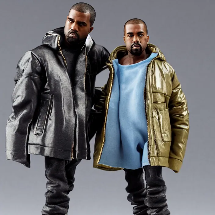 Image similar to a hot toys figure of kanye west using full face - covering cloth. a small, tight, undersized reflective bright blue round puffer jacket made of nylon. a black shirt underneath. dark jeans pants. a pair of big black rubber boots, figurine, detailed product photo