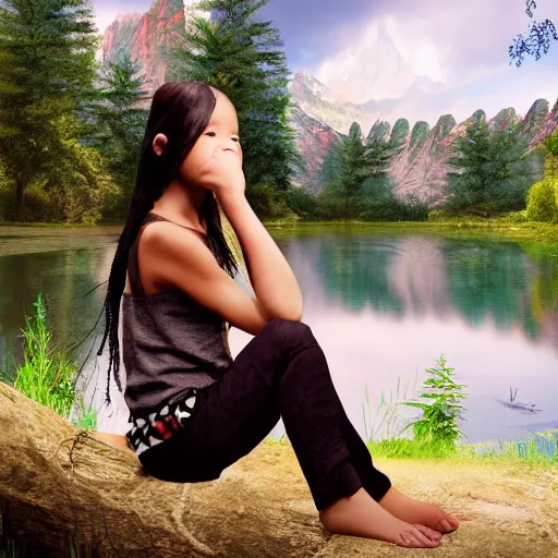 Image similar to Young girl, wearing Inka clothes, wings for arms, bird legs, sad expression, sitting at a pond, mountainous area, trees in the background, digital art