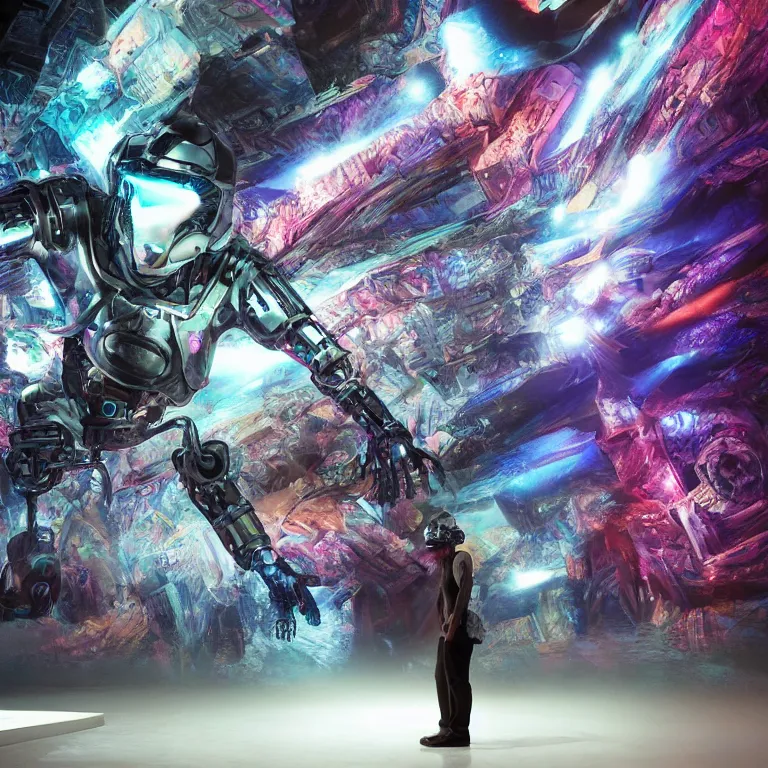 Image similar to cinematic shot epic hall of creativity, walls of large moving images, hyper realistic, mood lighting, fantasy, detailed people creating beautiful diverse large holographic art, highly detailed, super realistic, point of view of cybernetic visor, perfect lighting pixel sorting, style sheet