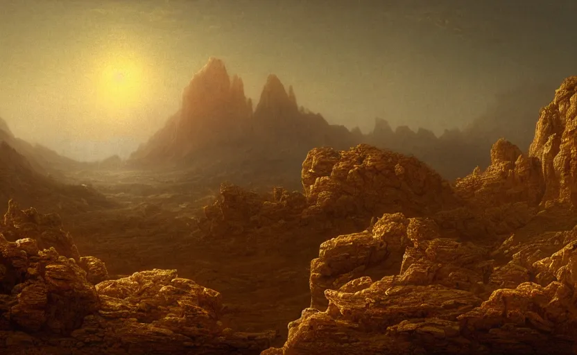 Image similar to venusian landscape, very dim, close up shot, rocky, at dusk, distant mountains, 4k, rule of thirds, extreme detail, very hazy, intricate ink illustration, surreal, surrealist, trending on artstation, cgsociety, hd, calm, complimentary colours, realistic lighting, by Albert Bierstadt, Frederic Edwin Church.