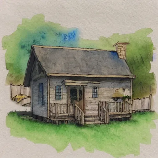 Image similar to a watercolor and ink painting of a cottage, drawn on white parchment paper, vibe, atmosphere, detailed, muted colors, by greg rutowski and ryan berkley