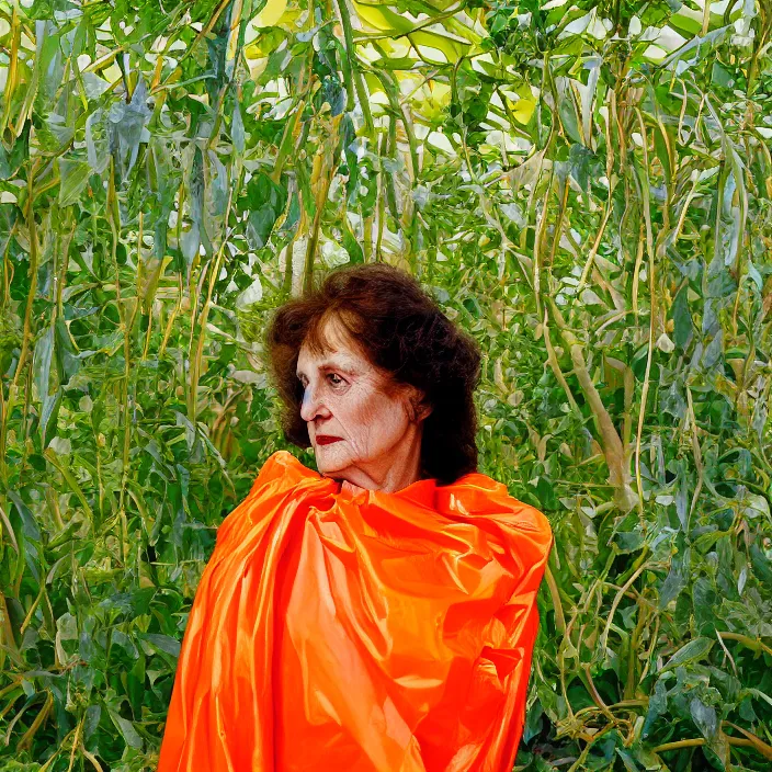 Prompt: closeup portrait of a woman wrapped in orange cellophane, standing in an overgrown greenhouse, color photograph, by paula rego, canon eos c 3 0 0, ƒ 1. 8, 3 5 mm, 8 k, medium - format print