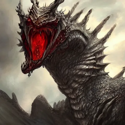 Prompt: a huge white terrifying dragon with red eyes, fantasy concept art, intricate detail