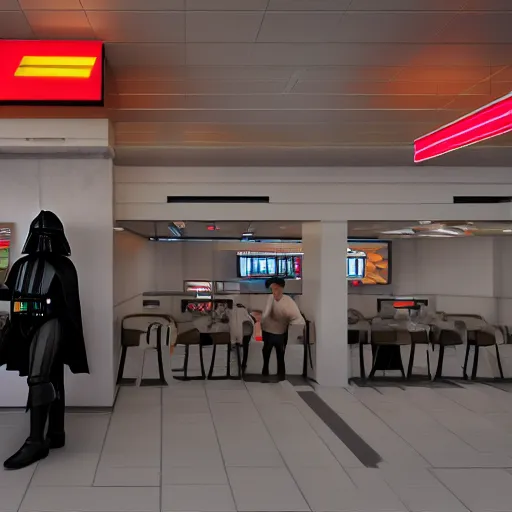 Image similar to darth vader ordering at mcdonalds, intricate artwork by tooth wu and wlop and beeple, octane render, hyper realism, 8 k