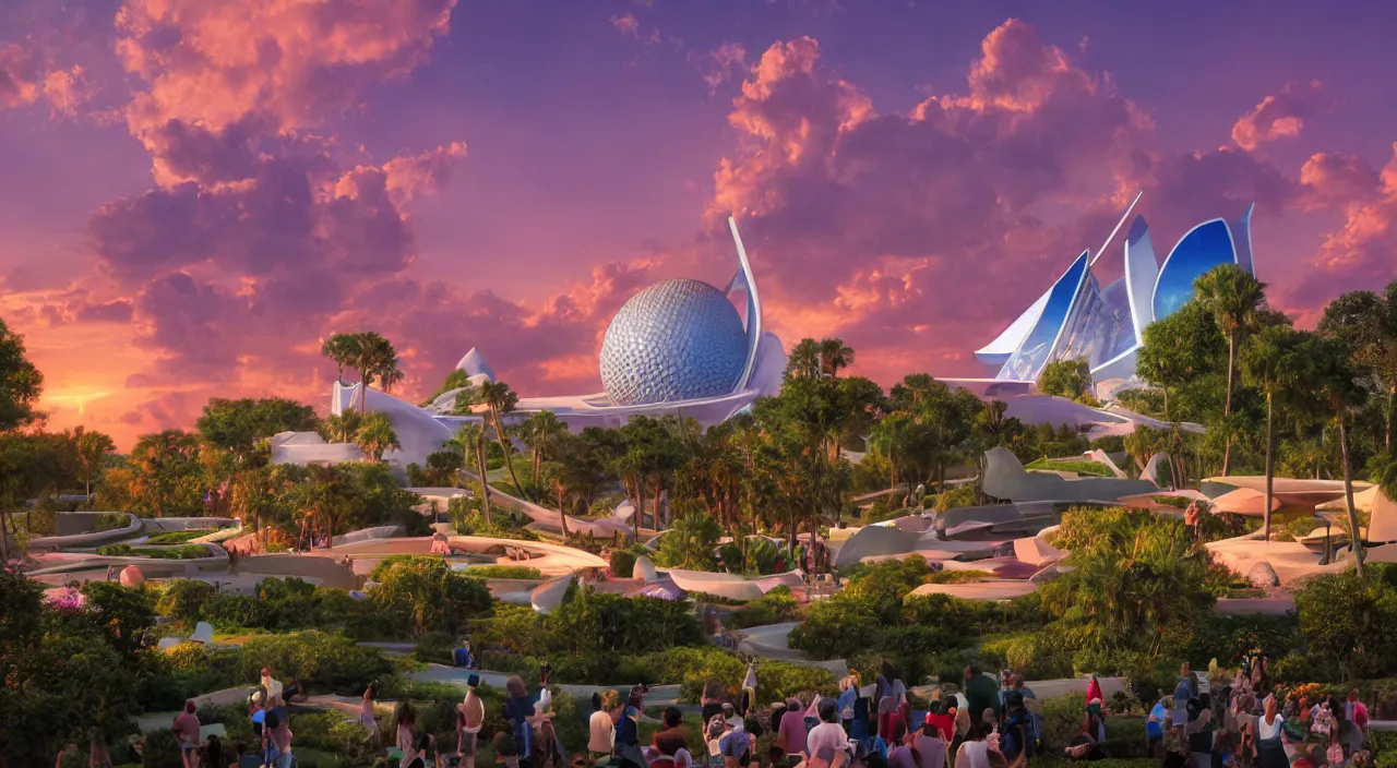 Image similar to a matte painting of spaceship earth taken at epcot at walt disney world, sunset, crowded by frank lloyd wright and zaha hadid torch volume light