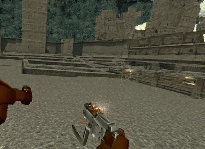 Image similar to a lonely temple next to an ancient city. screenshot of goldeneye. nintendo 6 4 ( 1 9 9 6 )