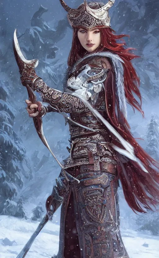 Image similar to azure viking warrior, regal, elegant, winter, snow, beautiful, stunning, hd, illustration, epic, d & d, fantasy, intricate, elegant, highly detailed, wide angle, digital painting, artstation, concept art, smooth, sharp focus, illustration, wallpaper, art by artgerm and greg rutkowski and alphonse mucha and jin xiaodi