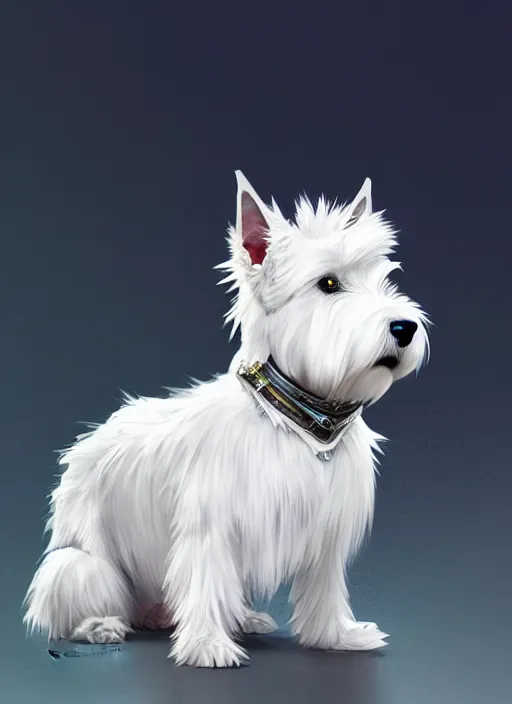 Image similar to a west highland white terrier sitting politely, facing the camera, anime art style, wearing futuristic, led - lit armor, and a cannon mounted on his back, portrait, high detail, sharp focus, digital painting, artstation, concept art, art by hayao miyazaki and artgerm and greg rutkowski and alphonse mucha.