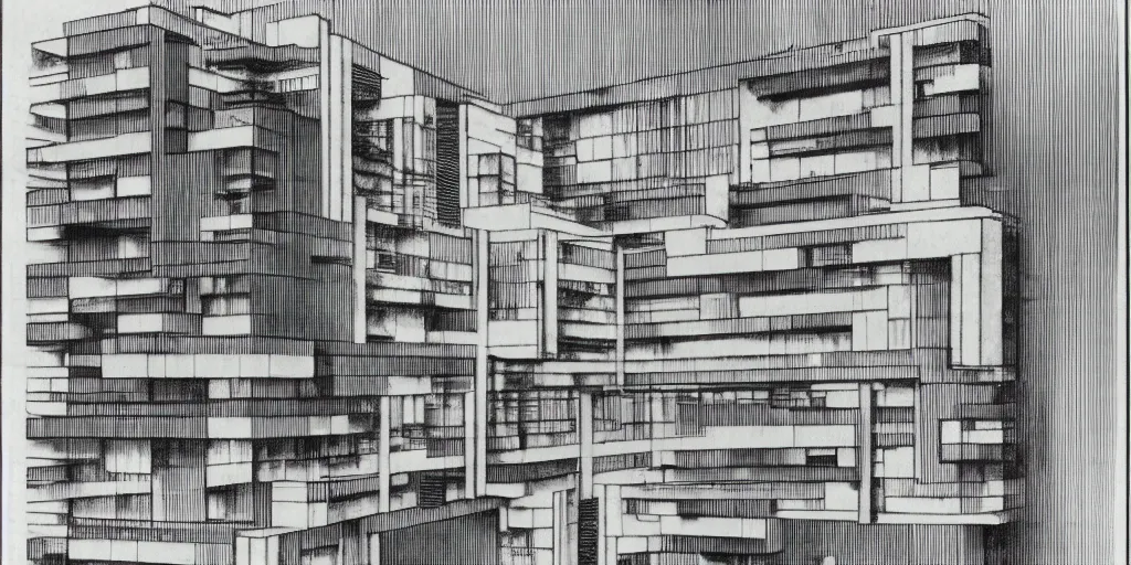 Prompt: brutalist building facing. yugoslavia, le corbusier, central symmetry, highly detailed, golden ratio, black and white color scheme, etching render