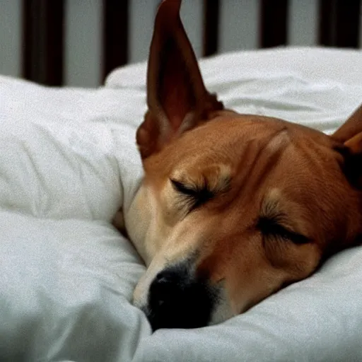 Prompt: close - up of a dog sleeping in a bed made of clouds, cinematic shot, photo still from movie by denis villeneuve