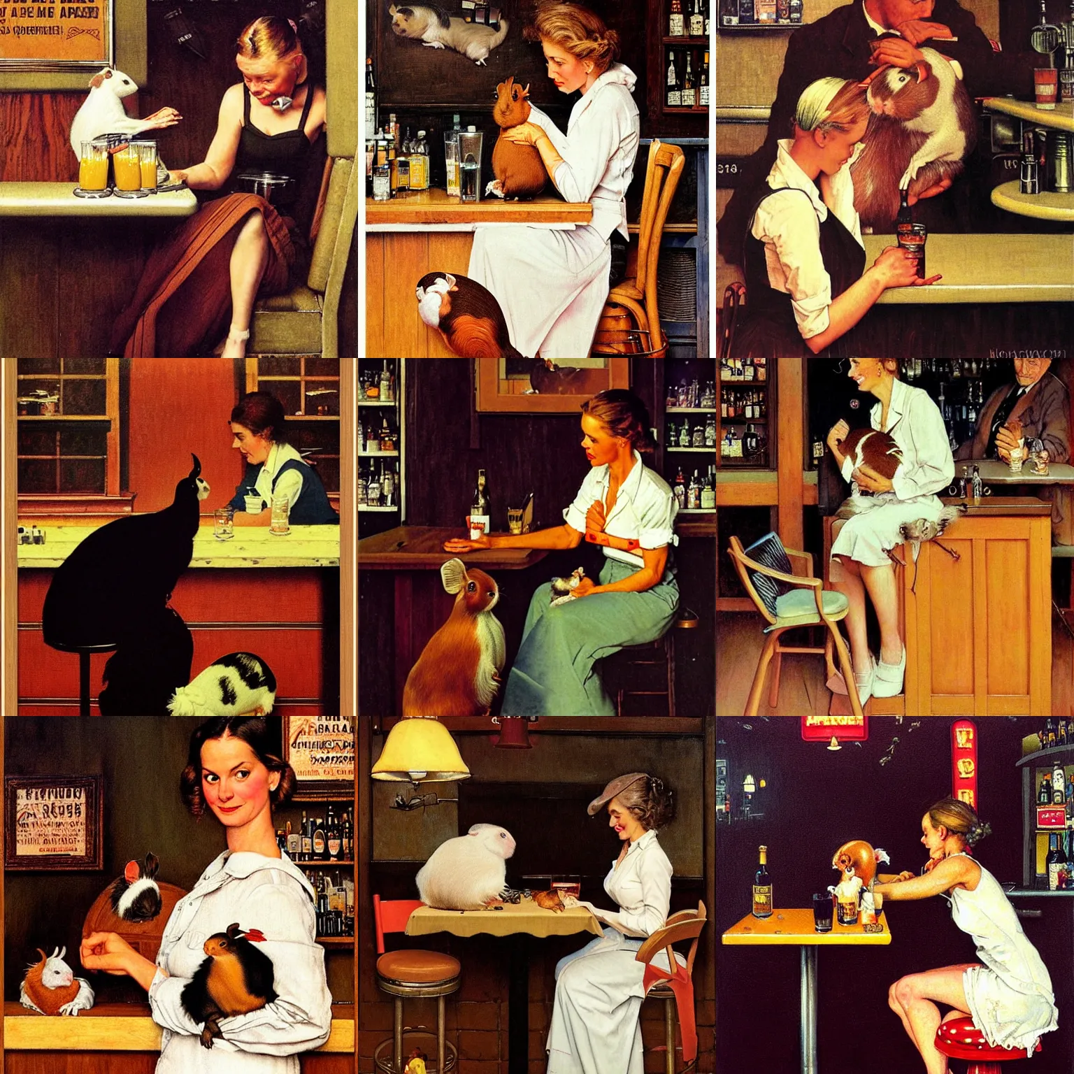 Prompt: Beautiful american woman with a guinea pig, sitting at a bar late at night, poster, masterpiece, painting, illustration, art by Norman Rockwell