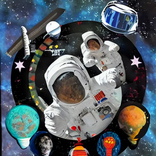 Image similar to astronauts in punk rock mixed media collage