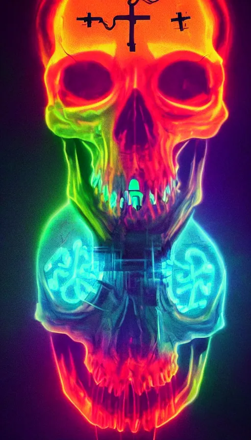 Image similar to a colorful skull with a cross on it's forehead, cyberpunk art by stanley twardowicz, cgsociety, computer art, neon, wallpaper, glowing neon