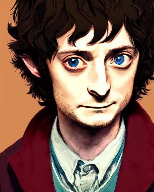 Image similar to portrait Anime joyful Elijah Wood as Hobbit Frodo Baggins; velvet brown jacket, backpack, Shire background || cute-fine-face, pretty face, realistic shaded Perfect face, fine details. Anime. realistic shaded lighting by Ilya Kuvshinov katsuhiro otomo ghost-in-the-shell, magali villeneuve, artgerm, Jeremy Lipkin and Michael Garmash and Rob Rey