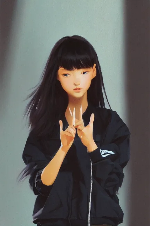 Prompt: A ultradetailed beautiful panting of a stylish girl doing the peace sign, she is wearing an oversized Nike jacket, Oil painting, by Ilya Kuvshinov, Greg Rutkowski and Makoto Shinkai