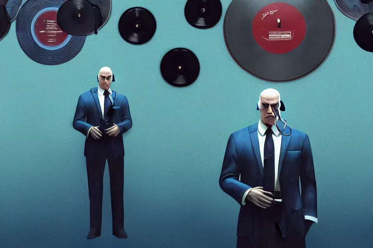 Image similar to an expressive portrait of agent 4 7 from hitman wearing headphones in front of a wall of vinyl records, dark background, blue rim light, digital art, artstation, art by giger stalenhag