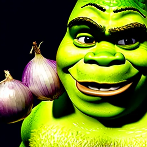 Prompt: a stock photo of shrek eating an onion, 8 k, ultra - realistic, white background, face cluse - up, studio lighting