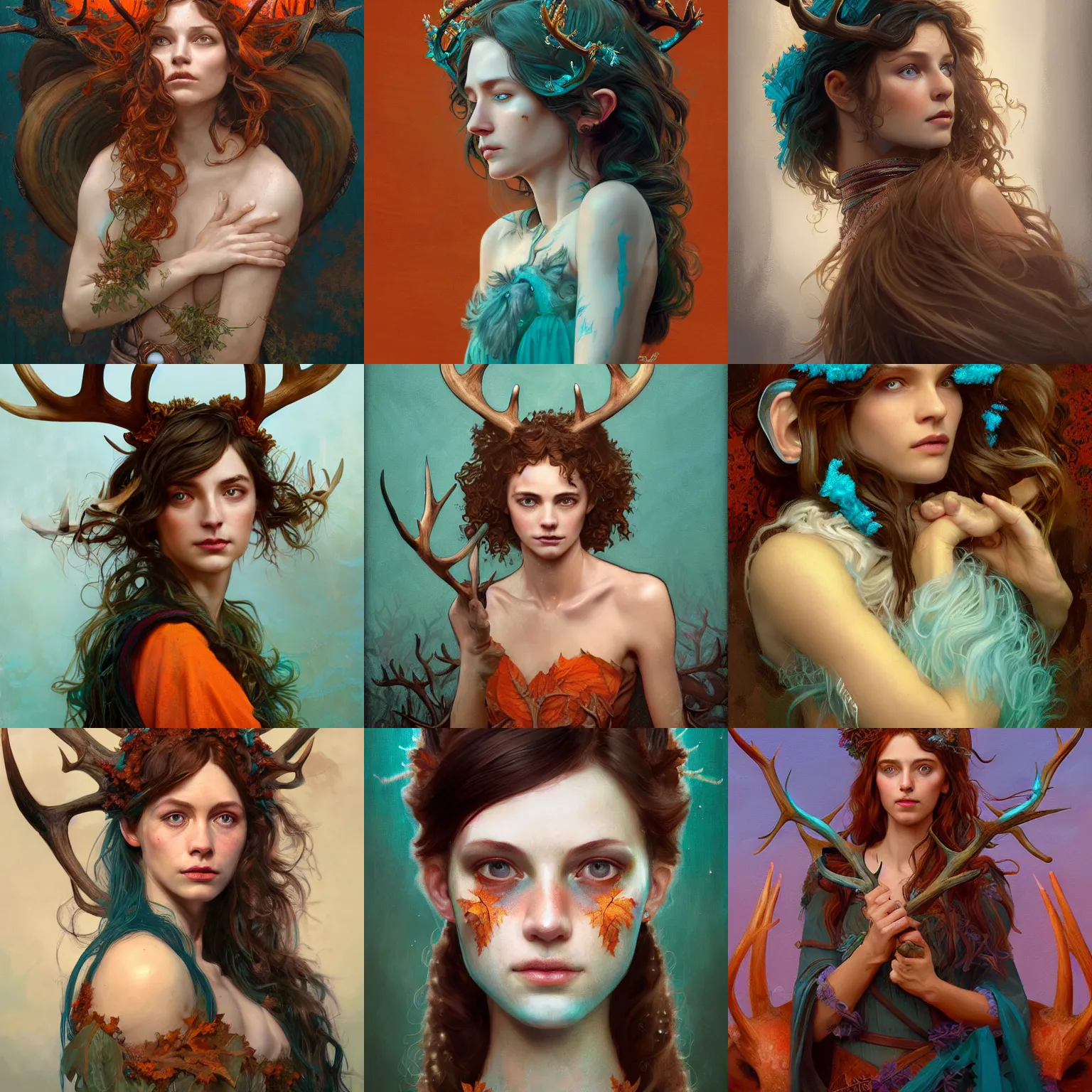 Prompt: beautiful digital painting of freya allan with teal skin and antlers made from wood on her head, brown curly hair with orange oak leaves, D&D, fantasy, intricate, beautiful eyes, cinematic lighting, highly detailed, digital painting, Artstation, concept art, smooth, sharp focus, illustration, art by Greg Rutkowski and Alphonse Mucha