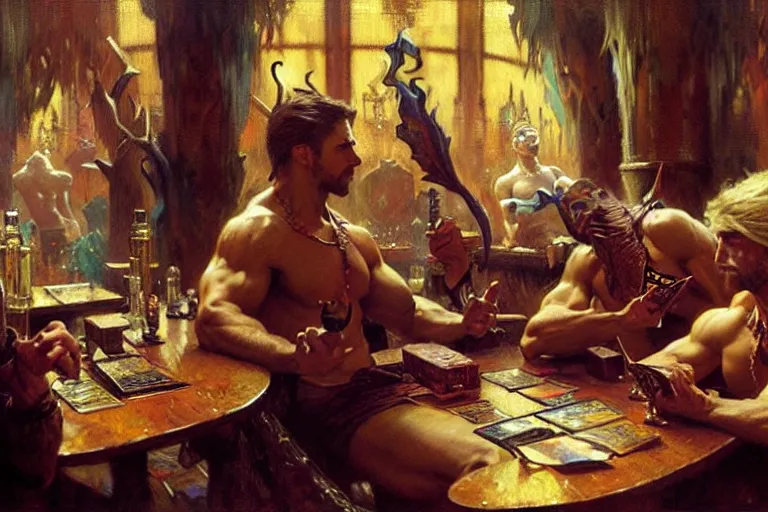 Prompt: muscular attractive wizards playing magic in bar, painting by gaston bussiere, craig mullins, greg rutkowski, alphonse mucha