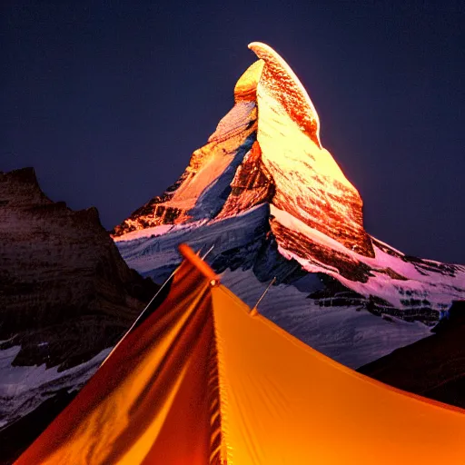 Image similar to an epic photo at nighttime of the matterhorn in the colors of indian flag, projection, illuminated on the matterhorn mountain at night