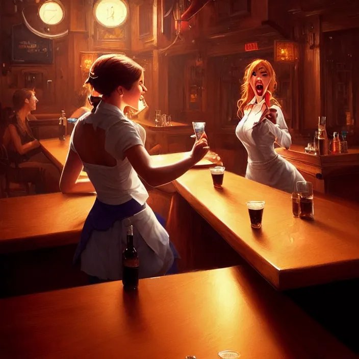 Image similar to a waitress singing on a table in a bar, elegant, real life skin, intricate artwork, high detailed, artstation, concept art, smooth, sharp focus, art by artgerm and greg rutkowski